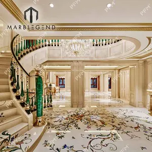 Bespoke Classical Floral Flourishes Marble Flooring Medallion Floral Scroll Marble Inlay Designs Pattern