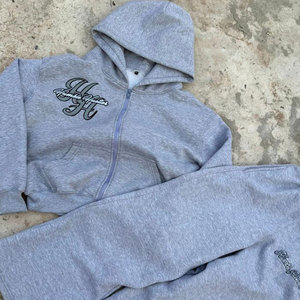 Conjunto de Dos Piezas ASISTO INDUSTRIES: Sudadera con Capucha Cómoda con Cierre y Logotipo Bordado en Gris Jaspeado para Hombre y Mujer, Pantalones Jogger Personalizados de Felpa de Algodón - Product Image 6