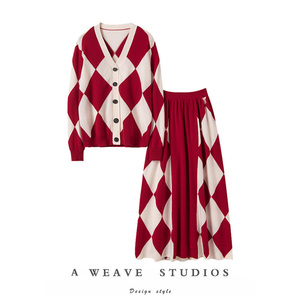 Cao cấp, khí quyển, lưới hoa văn jacquard v-cổ 100% Cashmere cardigan, một nửa cơ thể ô váy, Bộ Cashmere - Product Image 2