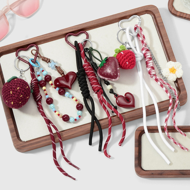 Creative Crochet Strawberry Flower Pendant Heart Acrylic Beads Chain Braided Rope Tassel Bag Charms Phone Chain