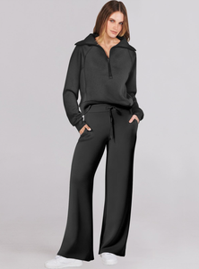 Casual Comfortable Half Zip Tracksuit <b>Women</b> Custom Logo Stand Collar Sweatshirt and Wide Leg Pants 2 Piece Sportswear Set - Product Image 5