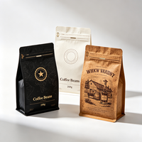 Sac à café imprimé de qualité alimentaire, personnalisé, écologique, recyclable, à fond plat, avec fermeture éclair, valve de dégazage et encoche de déchirement, haute barrière