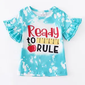 Girlymax Mùa Hè Back-To-School Màu Xanh T-shirt Ruffle Ngắn Tay Áo Sẵn Sàng Để Cai Trị In Ấn Cô Gái Trẻ Top