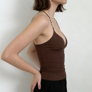 Top Halter con Cuello en V y Cuentas, Estilo Minimalista, Color Sólido, Ajustado a la Cintura, Estilo Básico, Chaleco Sexy para Chicas - Product Image 4