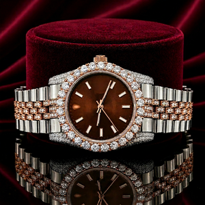 Montre analogique mécanique de luxe en moissanite glacée, verre acier inoxydable, bracelet 20 mm, lunette pavée, affichage de la date marron pour homme - Product Image 1