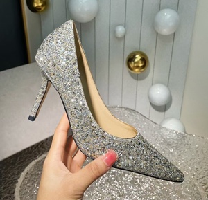JIM style silver glitter gradient <b>sequin</b> pointed-toe low-heeled high-heeled women's shoes for wedding brides with crystal - Product Image 3