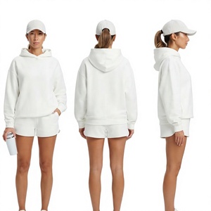 Conjunto de 2 Piezas para Mujer, Sudadera con Capucha y Pantalones Cortos de Color Sólido, Estilo Casual y Holgado - Product Image 1