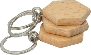 Porte-clés vierges en bois de hêtre, tranches hexagonales, anneaux en fer, non finis, pour gravure laser, pyrogravure, accessoires cadeaux personnalisés - Product Image 5