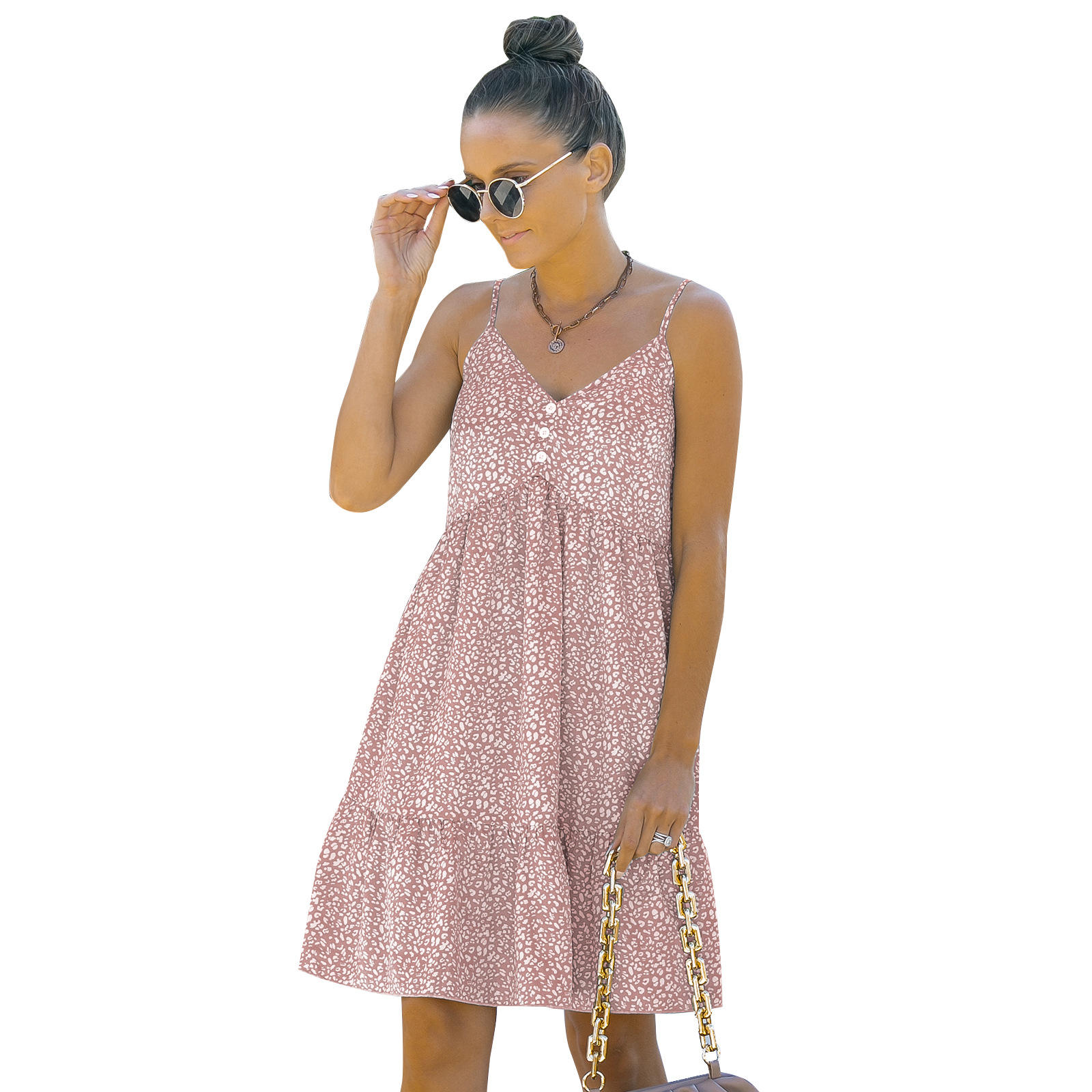 All Over Flower Print Sleeveless Retro Swing Skirt Yellow 70s Lady Vintage Dress 