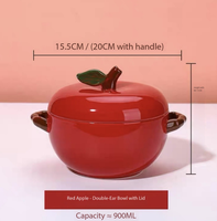 Pot à soupe de nouilles en céramique, grand, mignon, motif pomme rouge et verte à double anse, peint à la main sous glaçure 3D, anti-brûlure, pour la maison