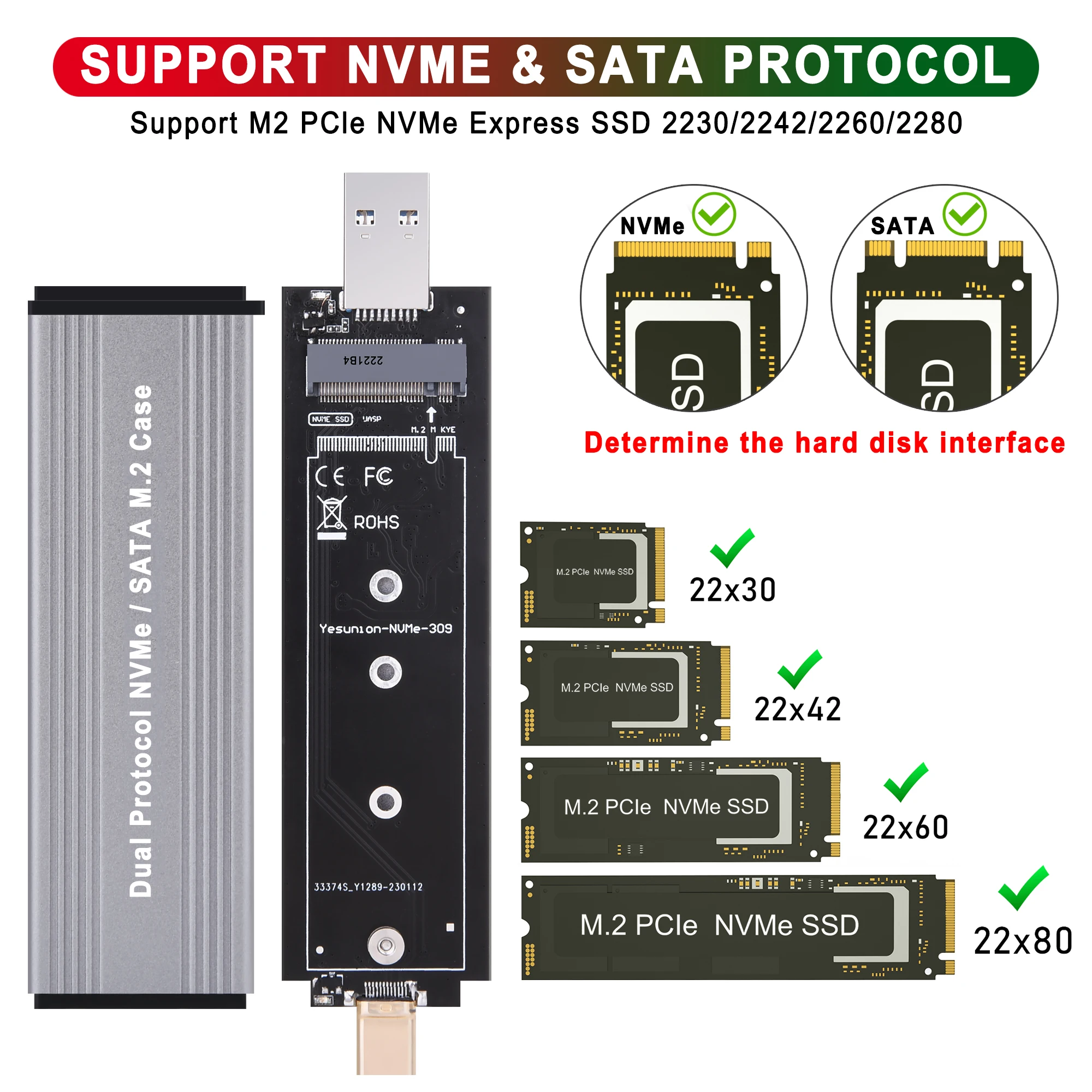 Mini Enclosure for Ssd Dual Protocol Ngff Sata Nvme M.2 Pcie Nvme Ssd to Usb 3.1 Type-C M.2 SSD Enclosure