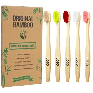 מברשת שיניים מבמבוק טבעית באיכות גבוהה מדגם חינם ליצרן חבילה צבעונית צבעונית עם לוגו מותאם אישית של מחזיק מרובע