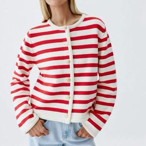 Custom Knitwear Manufacturer New Spring Fall Open Front <strong>Red</strong> and White Striped Sweaters <strong>Cardigan</strong> for <strong>Women</strong> - Product Image 1