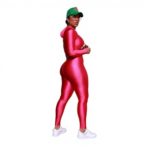 Twin City Women Red Hooded Long Sleeve Jumpsuit High Waist Regular Fit Full Length Solid Color Spandex Cotton Fleece Winter - Product Image 1