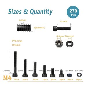 ชุดสกรูหัวหกเหลี่ยม M4 พร้อมน็อตและแหวนรอง 270 ชิ้น เกรด 12.9 เหล็กอัลลอยด์ เมตริก DIN 912 สีดำ สำหรับงานก่อสร้าง - Product Image 5