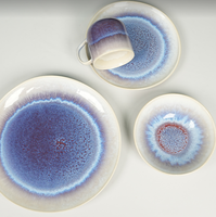 Service de table en grès réactif 16 pièces, dégradé bleu-violet, vaisselle en céramique, compatible micro-ondes, durable et réutilisable