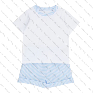 Pakaian anak laki-laki Set pakaian biru muda bergaris baju bayi laki-laki baju Romper musim panas kemeja anak laki-laki + Set pendek - Product Image 5