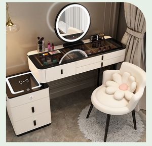 Tocador de Madera Maciza Blanca para Maquillaje con Espejo LED con Carga Inalámbrica, Mesa de Maquillaje Ecológica - Product Image 2