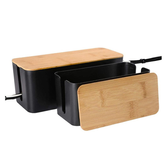 2 Pack Bamboo Lid Cover Large Storage Wires Hider Cord Organizer Holder Black Cable Management Box for Home Desk Tv Computer Usb