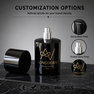 Nueva llegada: Botella de perfume de vidrio redonda negra brillante con tapa de plástico para cosméticos, vacía, de 30ml, 50ml, 100ml, para Eau de <span class=keywords><strong>Parfum</strong></span>. - Product Image 2