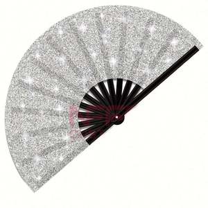 Oferta Especial: Abanico Plegable de Bambú Ecológico de 33 cm con Acabado Brillante Plateado y Negro, Diseño Artístico Folclórico Musical y Funda de Tela Pintada - Product Image 1