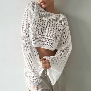 Beachwear Mesh Beach Sexy Solid Color Crochet Cover Up For Women Swim Solid Drop Shoulder Cover Up Top