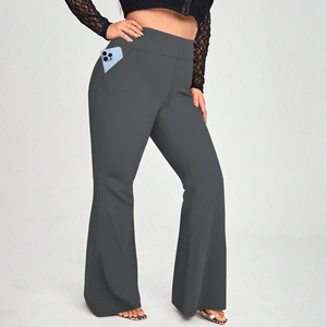 High-Waist Yoga Pants Frayed Edges Pockets 1XL-5XL Plus Size Solid Pattern High Elasticity Casual <strong>Flared</strong> <strong>Leggings</strong> Logo Waist - Product Image 2