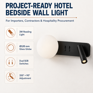 <span class=keywords><strong>Applique</strong></span> <span class=keywords><strong>murale</strong></span> moderne pour hôtel avec lampe de lecture réglable 3W, globe en verre de 120 mm et double interrupteurs BJB pour projets hôteliers - Product Image 2