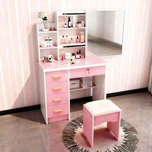 Table de maquillage moderne pour chambre d'hôtel, salle de bain, femmes, en MDF, avec éclairage, rangement, petite coiffeuse rose, organisateur, miroir - Product Image 6