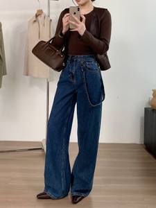 Yuanbofei Jeans Casuales de Tiro <span class=keywords><strong>Alto</strong></span> para Mujer <span class=keywords><strong>con</strong></span> Cierre de <span class=keywords><strong>Botones</strong></span>, Pantalones de Mezclilla Elásticos de Pierna Recta <span class=keywords><strong>con</strong></span> Tiras Decorativas - Product Image 5