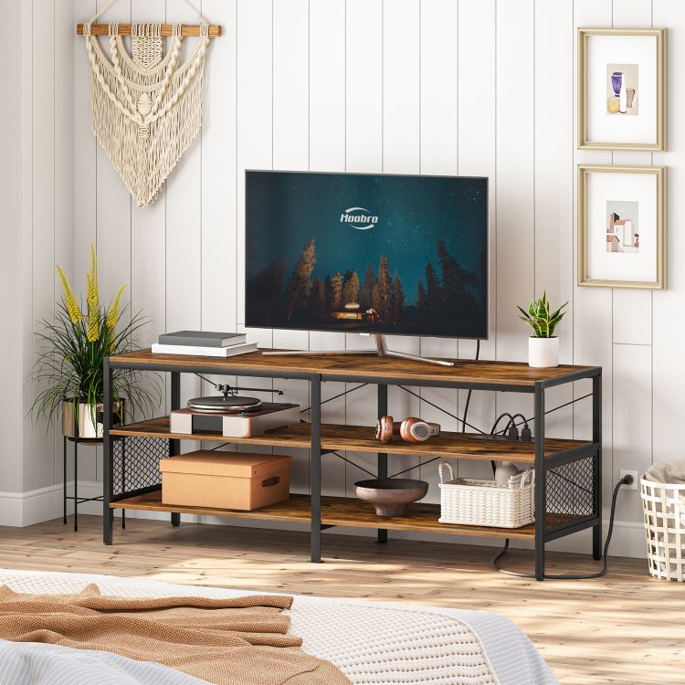 Suporte de TV para TV por atacado, console de mesa, centro de entretenimento e mídia, unidade de TV de estilo industrial com tomadas de energia e armazenamento