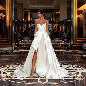 Abito da Sera Elegante e Sexy in Raso Bianco Puro, <span class=keywords><strong>Taglie</strong></span> <span class=keywords><strong>Forti</strong></span>, Spalle Scoperte, Vita Naturale, Lunghezza a Terra - Product Image 2