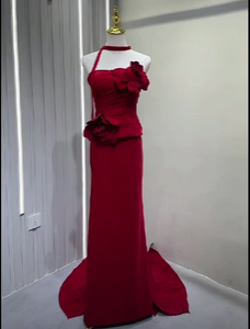 S3252L Nuovo Abito da Sera di Alta Gamma alla Moda Francese con Maniche a Sbuffo Rosso Vino <span class=keywords><strong>per</strong></span> Compleanno, Cerimonie e <span class=keywords><strong>Damigelle</strong></span> - Product Image 1