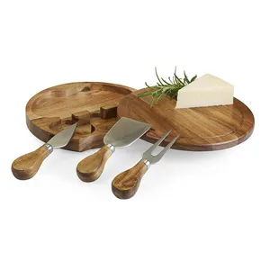 Ensemble de couteaux et planche à découper fromage d'acacia, plateau de service à charope en bois avec couverts