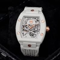 Montre mécanique squelette tonneau avec cadran tête de mort, bracelet en silicone or rose, montre-bracelet automatique pour homme, idéale pour le quotidien et les soirées