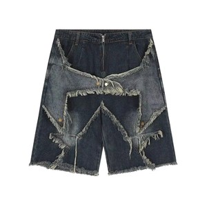 Shorts en jean pour homme coupe droite taille mi-haute, style Hip Hop Vintage, effet usé, streetwear, été, bords effilochés - Product Image 2