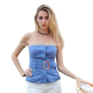 Top de tubo azul sin mangas y hombros descubiertos para mujer <span class=keywords><strong>con</strong></span> botones - Product Image 1