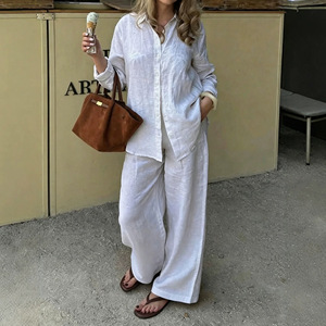 <b>Linen</b> Two-Piece <b>Set</b> Collared Long Sleeve Shirt And Straight Leg Wide Leg Pants Navy Blue Casual Urban Commute Suit Smlxl2xl3xl - Product Image 2
