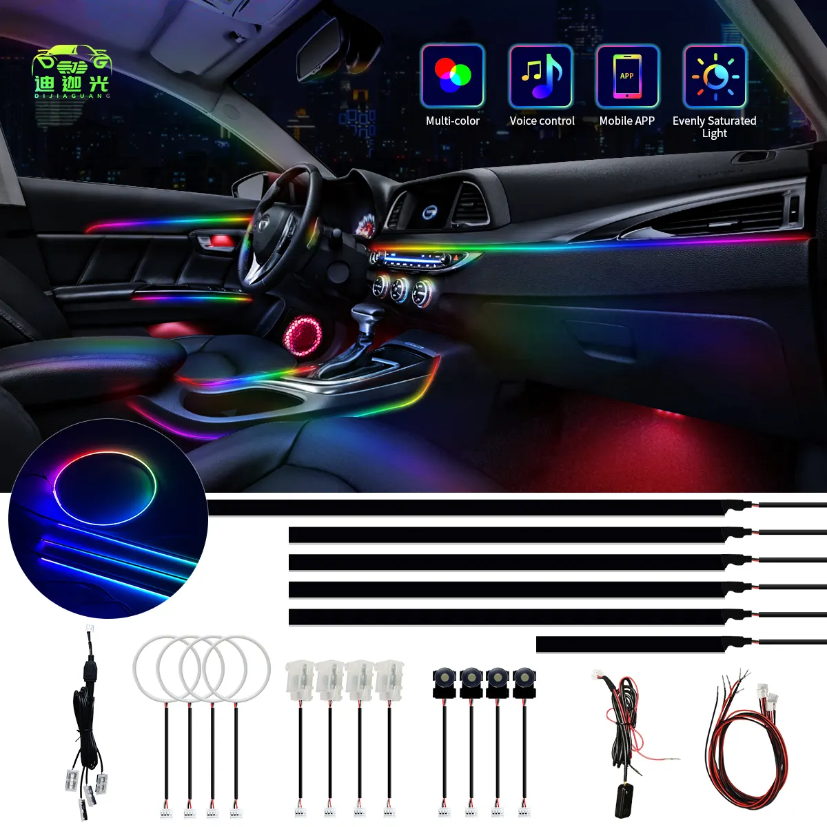 Accessoires d'éclairage automobile Intérieur de voiture 22 en 1 Symphony LED Auto Atmosphere Light Music Sync RGB App Led Strip Car Ambient Light