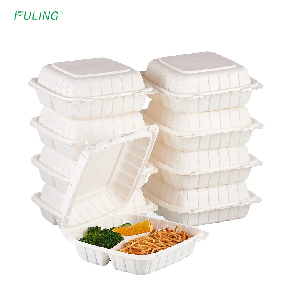 8x8 3 Compartment Clamshell To Go Box Disposable Mineral Plastic Take Out Fast Food MFPP Hinged Food Containers