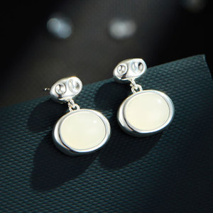 Geometric Faux White Jade Stud Earrings S925 Silver Needle For Women - Product Image 1