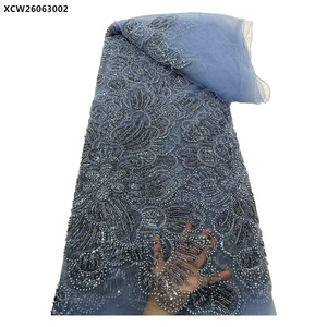 Tissu de dentelle de luxe avec perles de cristal, broderie orange brûlé, tulle africain et sequins perlés - Product Image 4