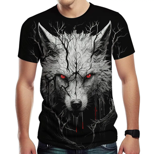 T-Shirt da <span class=keywords><strong>Uomo</strong></span> con Stampa Lupo, Collo Tondo, Manica Corta, in Poliestere Lavorato a Maglia, Casual, Traspirante, Vestibilità Regolare, Comoda - Product Image 3