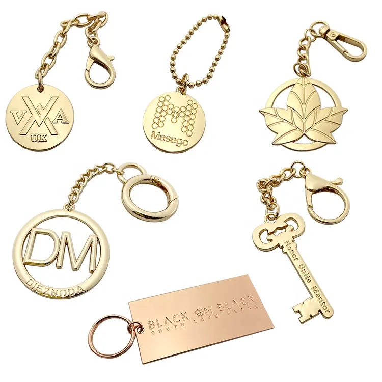 Custom gold round hang tags engraved metal brand logo with ball chain for handbags