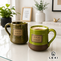 Mug en céramique côtelé à glaçure réactive avec zone pour logo encadrée or, vert olive, marron, logo personnalisé, vente en gros, tasse à café, cadeau