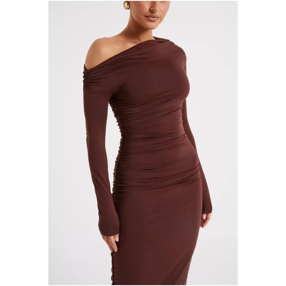 Robe midi personnalisée à épaules dénudées robe corset froncée en nylon recyclé robe à manches longues pour femmes