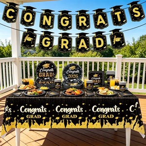 Set di Stoviglie Usa e Getta <span class=keywords><strong>per</strong></span> <span class=keywords><strong>Festa</strong></span> di Laurea 640429 2026, Nero e Oro, 98 Pezzi <span class=keywords><strong>per</strong></span> 24 Persone, con Striscione, Piatti, Bicchieri, Tovaglioli e Tovaglia - Product Image 2