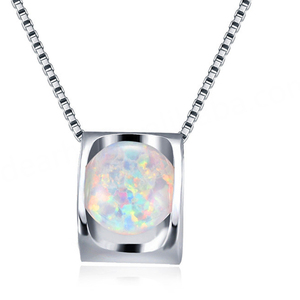 Collares de Ópalo de Fuego Blanco de Moda con Colgante Geométrico de Piedra Redonda Rellena de Plata de Ley 925 para Mujer - Product Image 1