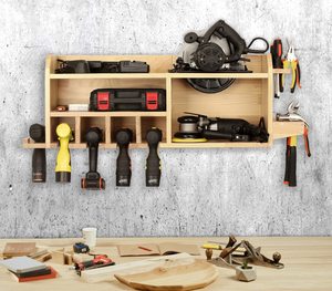 Organizador de herramientas eléctricas de madera al por mayor, estación de carga, estante amplio para destornilladores, soportes de almacenamiento de tres niveles montados en la pared - Product Image 1
