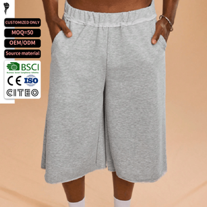 Shorts en coton gris pour homme, taille élastique, poches, style décontracté, mi-longs, tricotés, respirants - Product Image 1